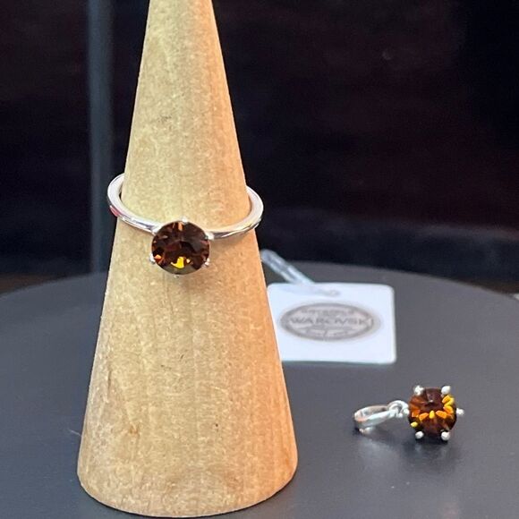 Swarovski Smoked Topaz Ring 7 & Pendant Necklace Set 20” Sterling Chain - Picture 2 of 10